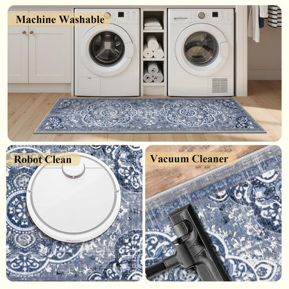 Ileading Boho Kitchen Rugs Sets 3 Piece with Runner Floral Kitchen Floor Mat Carpet Farmhouse Kitchen Rugs and Mats Non Skid Washable Runner Rug for Kitchen Floor Office Sink Laundry, Blue