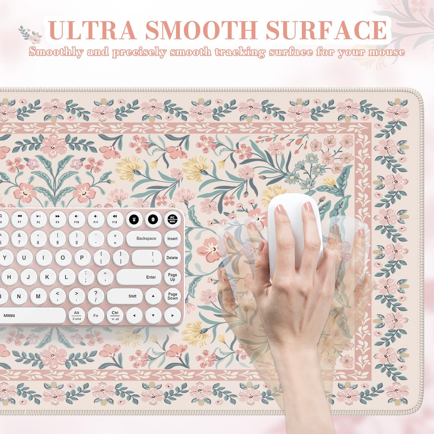 iCasso Pink Floral Desk Mat, Desk Pad, XXL Large Mouse Pad, Anti-Slip Big Mousepad with Stitched Edges, Computer Mouse Pads for Desktop Decor, Cute Office Desk Accessories for Women(Pink)