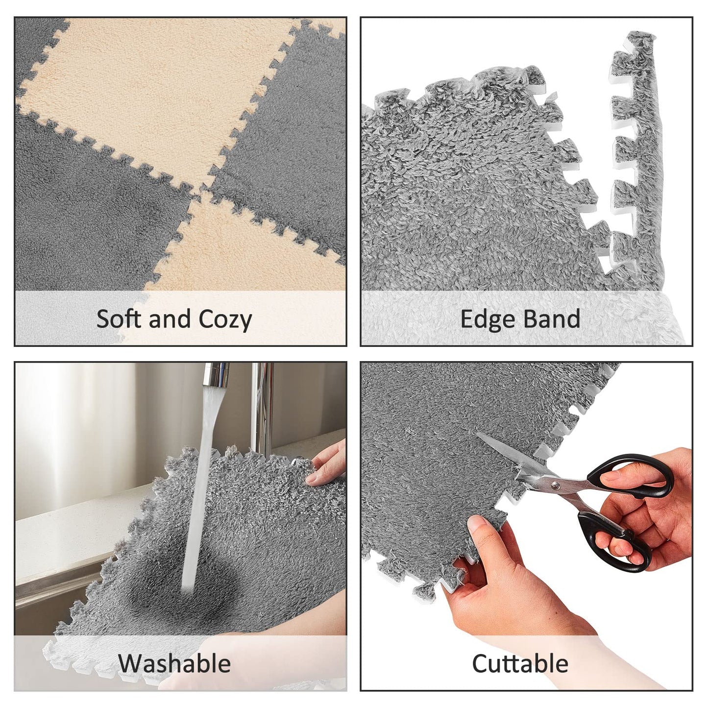 Nuanchu 32 Pcs Plush Foam Interlocking Floor Mat Climbing Area Rugs 11.8 x 11.8 Inch Square Soft Fluffy Tiles with Border Play Mat Flooring Tiles for Home Playroom Decoration (Khaki, Gray)