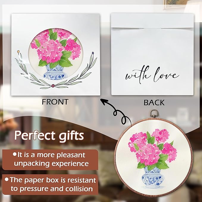 Threegoat Chinoiserie Spring Floral Framed Round Wall Art,Blue and White Hydrangea Flowers Wall Art Decor for Bedroom,Vintage Wall Hanging Decor for Grand Millenial Grandmillennial Home - A07