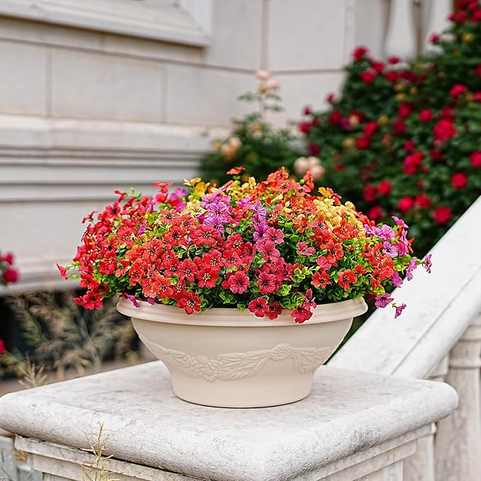 Outdoor Artificial Flowers, 8 Bundles Fake Flowers Summer Decoration, No Fade Faux Plastic Shrubs for Garden Patio Porch Window Box Decor (Mix 4 Color)