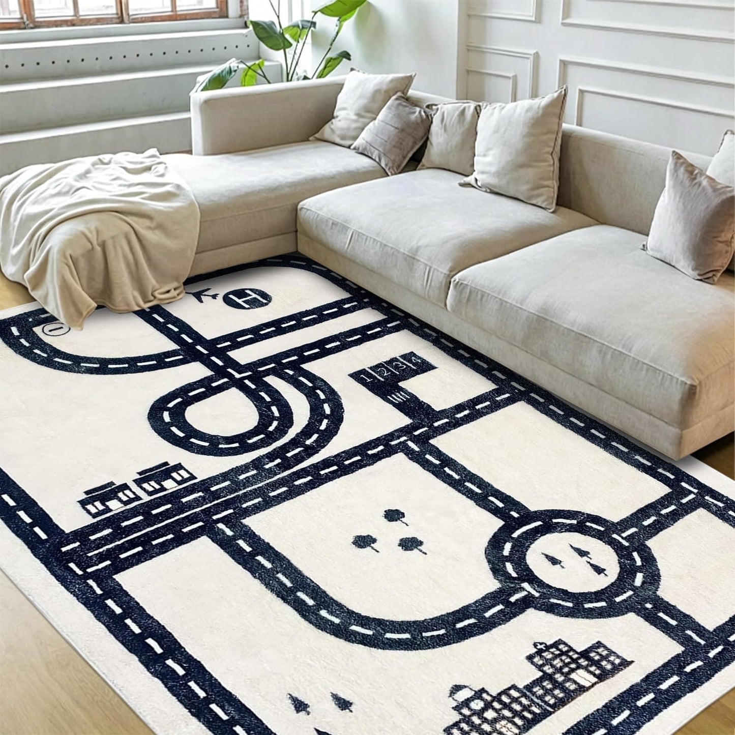 USTIDE Kids Rug City Roads Map Tracks Play Mat for Playing with Cars Soft Non-Slip Traffic Rug for Bedroom Playroom Classroom Nursery Educational Rug, 4x6ft
