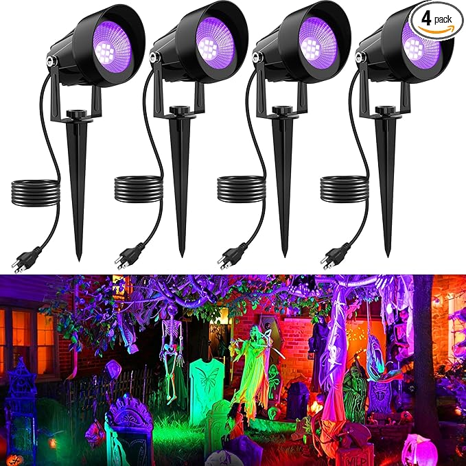 Halloween Outdoor Black Light Spotlight, LED Black Lights Waterproof Landscape Lights with US Plug for Glow Party Body Paint Fluorescent Poster Stage Lighting Yard Garden Decoration(4 Pack)