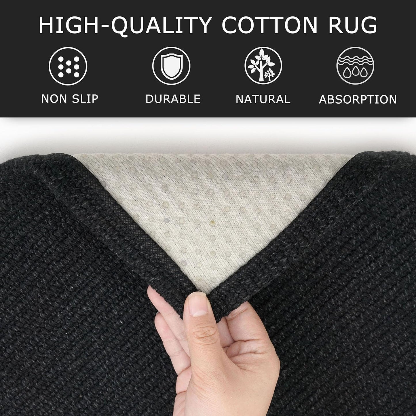 KOZYFLY Washable Runner Rug 2x6 Ft Runners for Hallways Non Slip Kitchen Runner Rugs Braided Cotton Entryway Runner Indoor, Carpet Runners for Hallway Kitchen Entryway Bedroom, Black