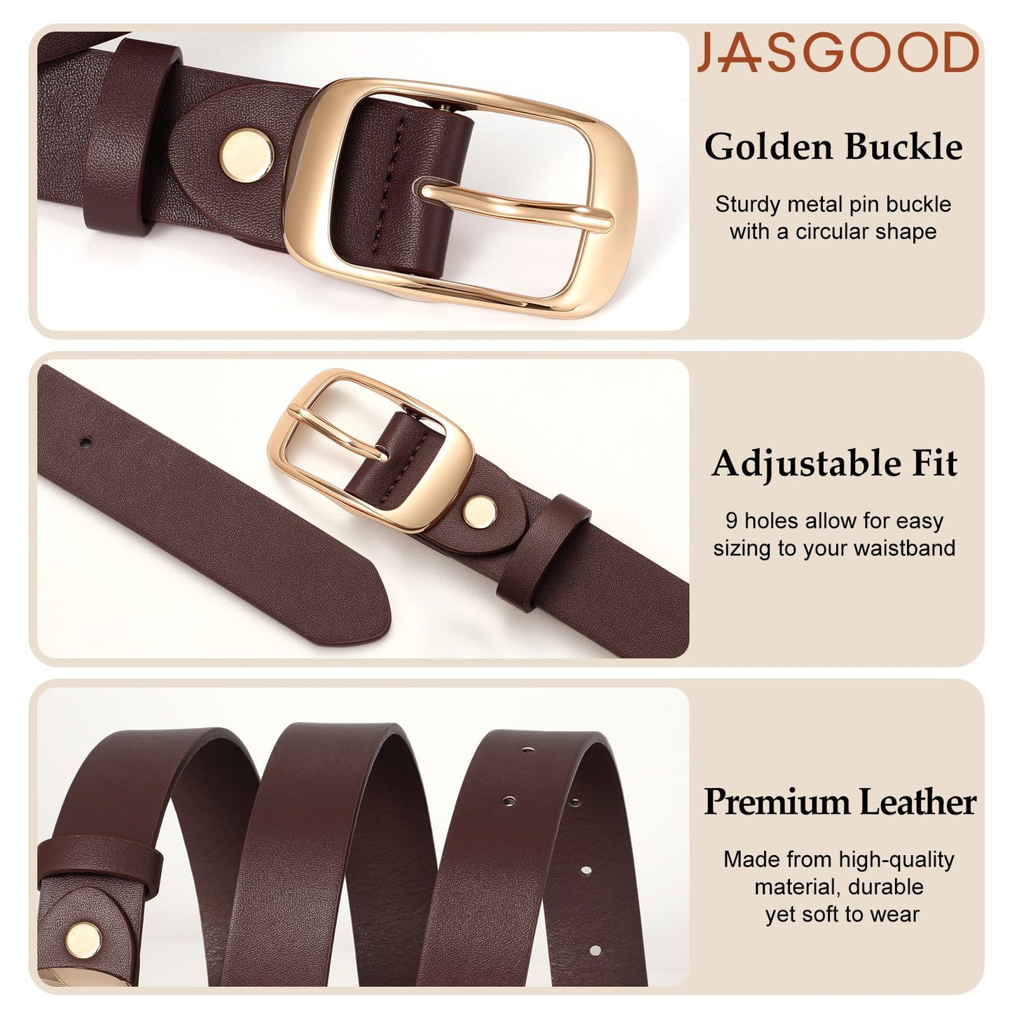 JASGOOD 3 Pack Women Belts for Jeans Pants Fashion Leather Waist Belt for Women with Gold Buckle,Black+Brown+Coffee