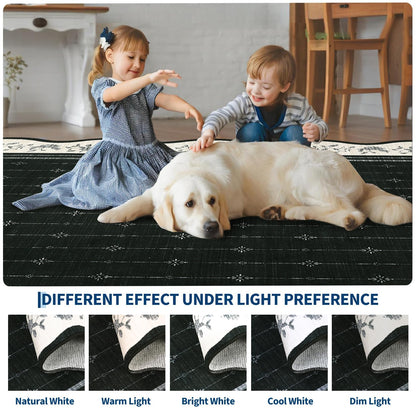 Garvee Washable Rugs for Living Room 8x10 Area Rugs for Bedroom Scalloped Rug Modern Bordered Non Slip Large Kids Bedroom Carpet Indoor Stain Resistant Floor Cover for Dining Room Office Nursery Black