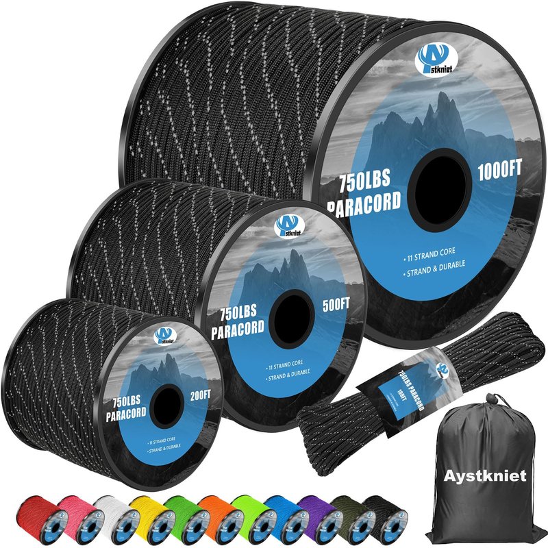 750Ib Reflective Paracord Rope, 1000', 4mm 11 Strand Parachute Spool Cord with Collecting Bag, para Cord Lanyard for Clothsline, Hammock, Camping, Hiking and Survival