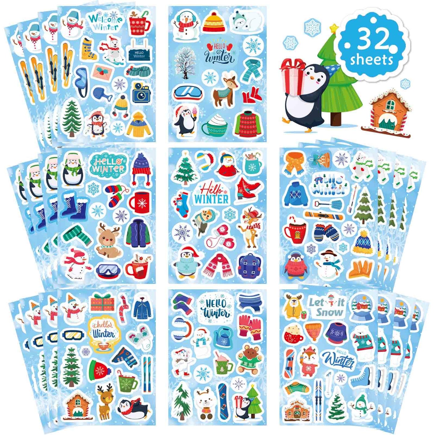 564 PCS Winter Stickers for Kids, Hello Winter Theme Stickers with Christmas Tree Snowman Snowflake Penguin, Winter Holiday Stickers for Gifts Christmas Party Favors