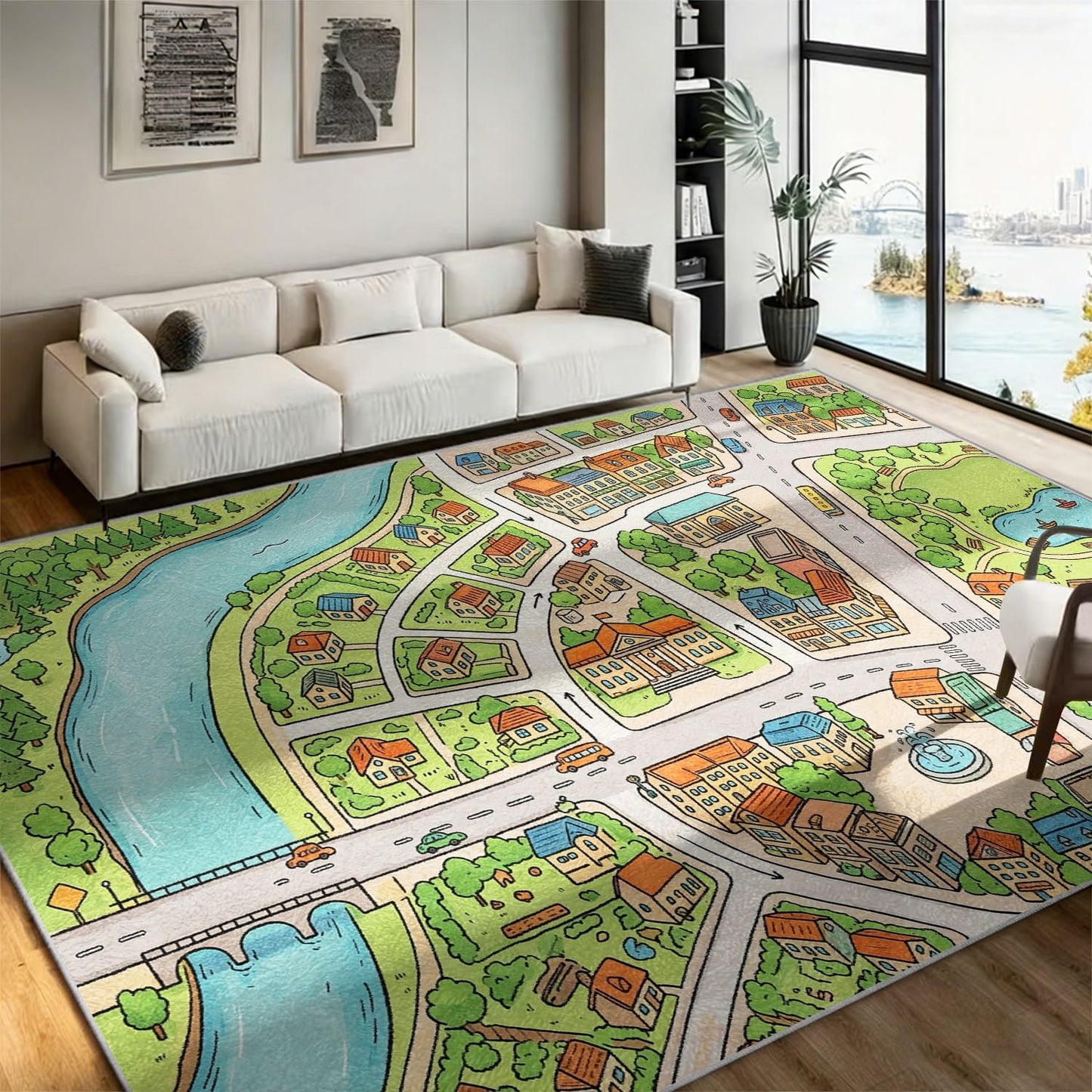 City Road Map Area Rug, 5x8ft, Educational Town Life Traffic Map Floor Carpet for Boys and Girls Bedroom, Fun Learning Play Mat, Machine Washable Low Pile Comfy Soft Rug for Living Room