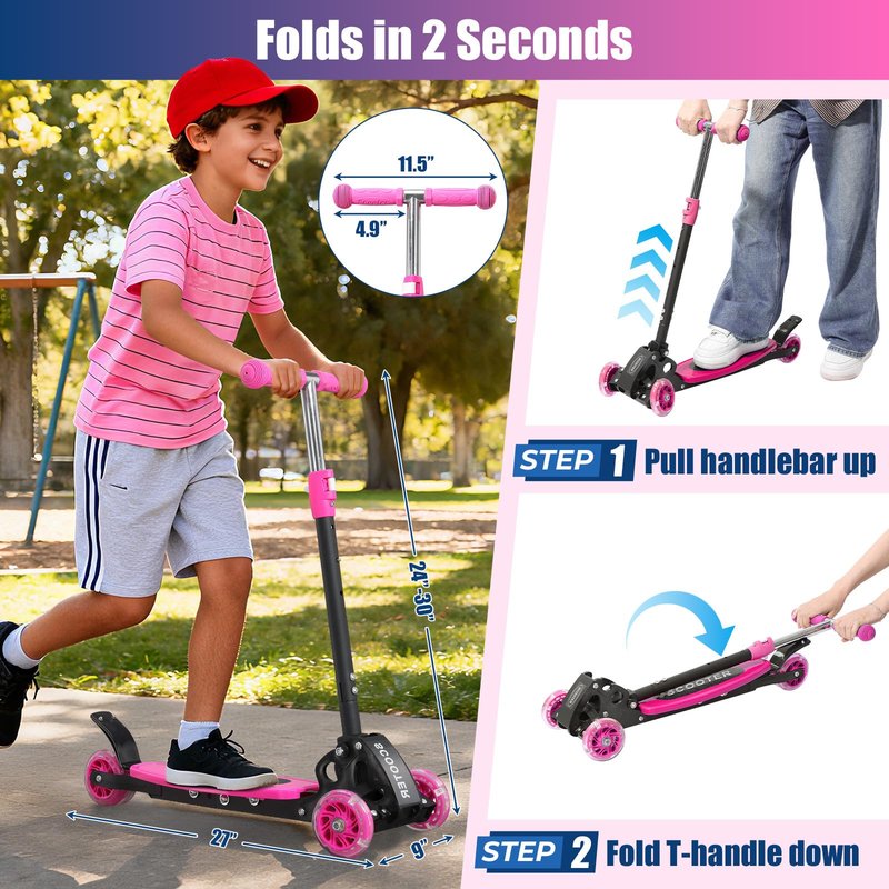 Kids 3-Wheel Kick Scooter – Adjustable Height, Gravity Steering, & LED Wheels, Foldable for Travel, Durable Metal Frame Supports up to 180 lbs