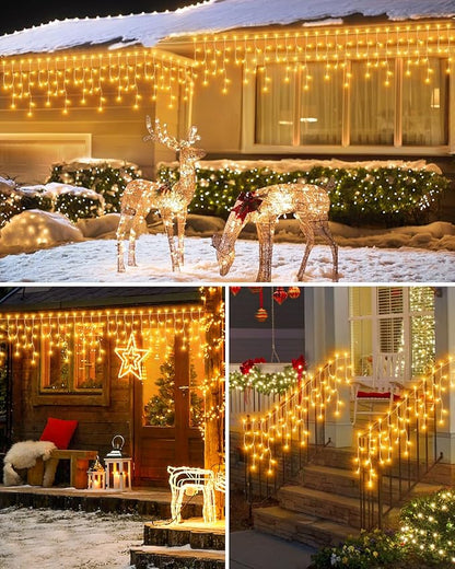Christmas Lights Outdoor, 53 FT 486 LED Christmas Light for Outside, Timer & Memory, Plug in 8 Modes Hanging Fairy Light with 108 Drops for House Eaves Yard Patio Holidays Decorations, Warm White
