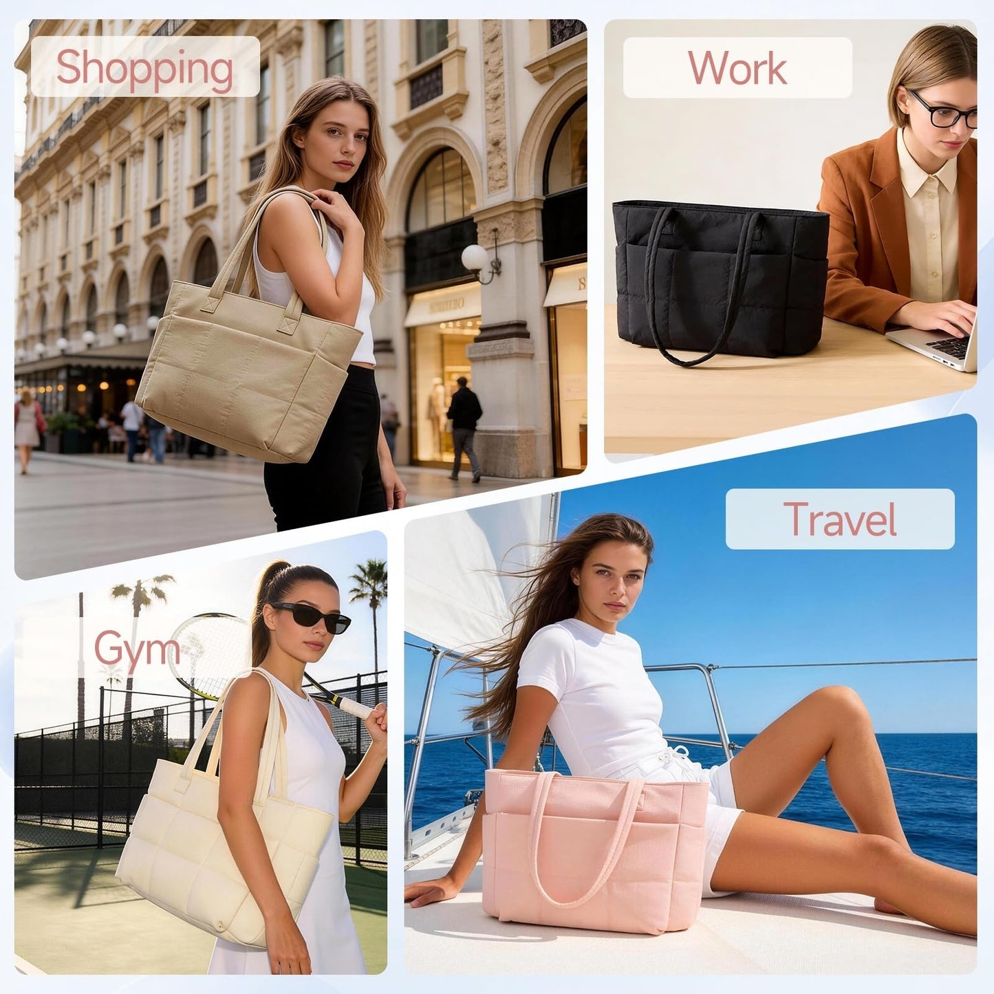 SODEER Travel Tote Bag for Women Puffer, Quilted Work Tote with Laptop Sleeve, Lightweight Shoulder Bag with Trolley Strap & Bottle Pocket for Gym, Office, Nurse, Camel Brown