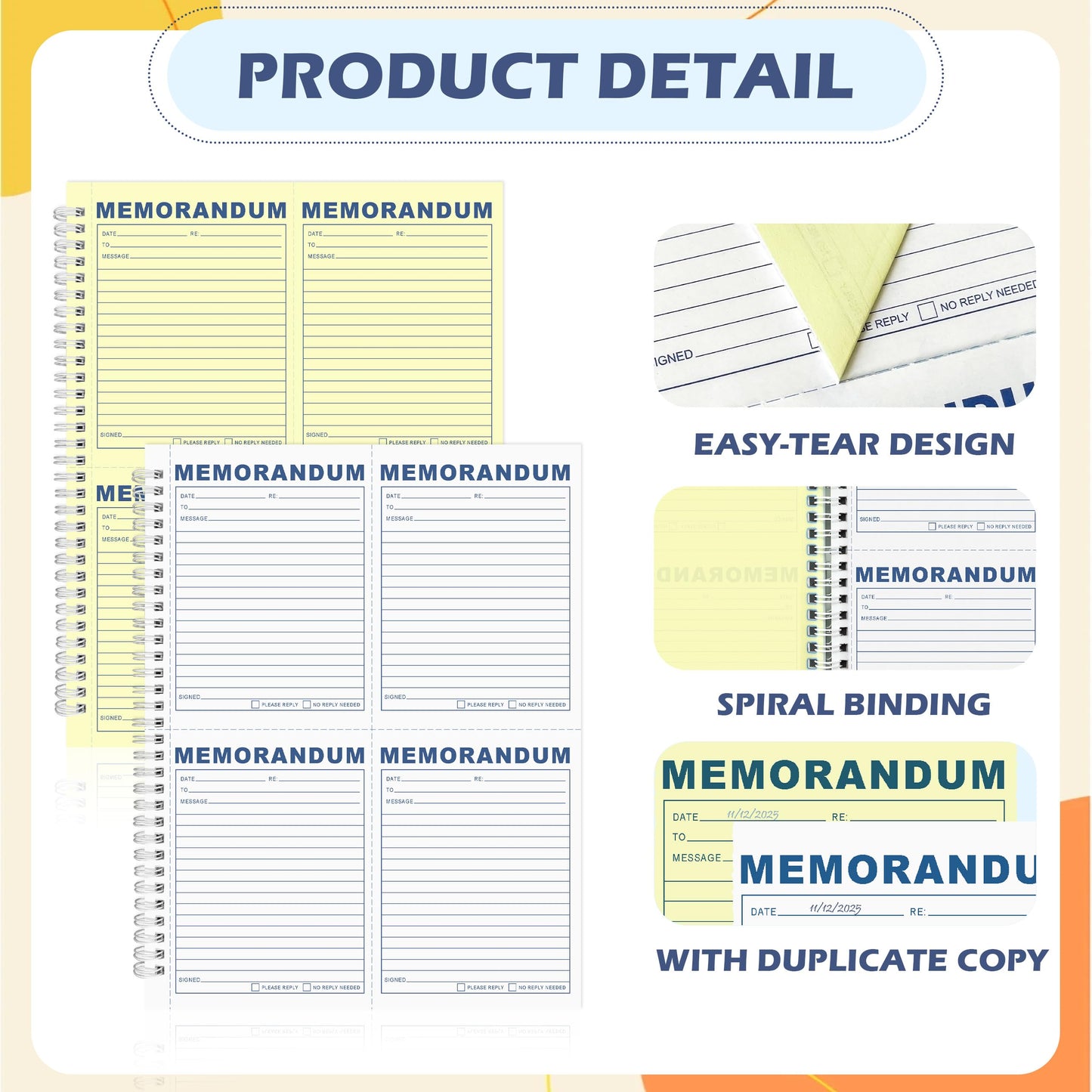 LKTHSEEK Memorandum Forms Book 200 Sets Carbonless 2-Part Duplicate Memo Book 8.5x11 Inches Spiral Bound With Tear Off Line Suitable For Office Or School