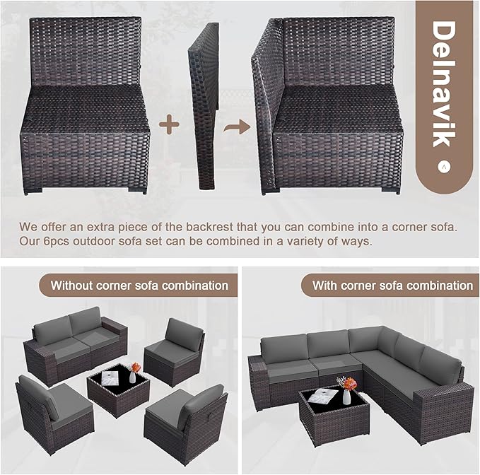 Kurapika 9 Pieces Patio Furniture Set, Rattan Sofa Set, Outdoor Conversation Sets w/Swivel Rocking Chairs Patio Sectional Sofa w/4 Inch Cushion, Grey