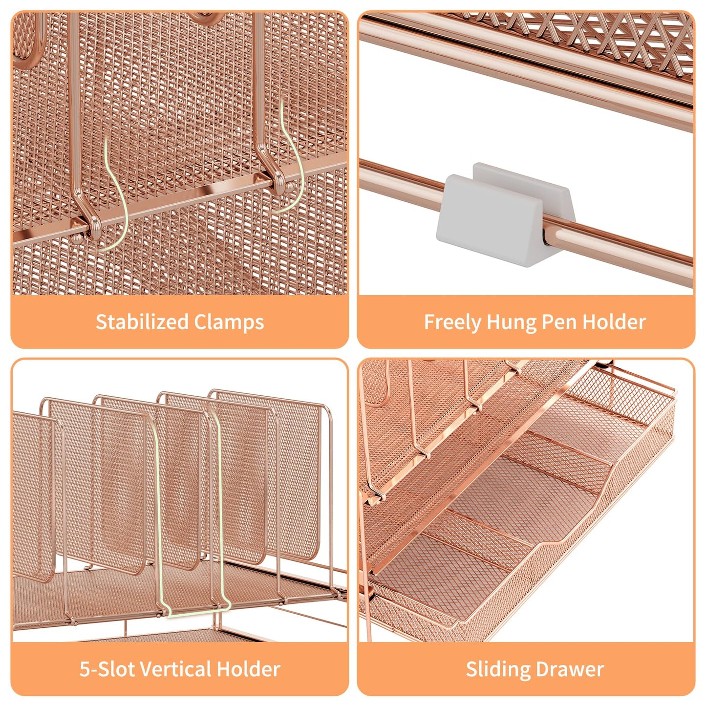 LEKETREE Rose Gold Desk Organizer, Office Organization with Vertical File Holder, File Organizer with Drawer and Office Supplies, Desk Accessories and Workspace Organizers (Rose Gold)