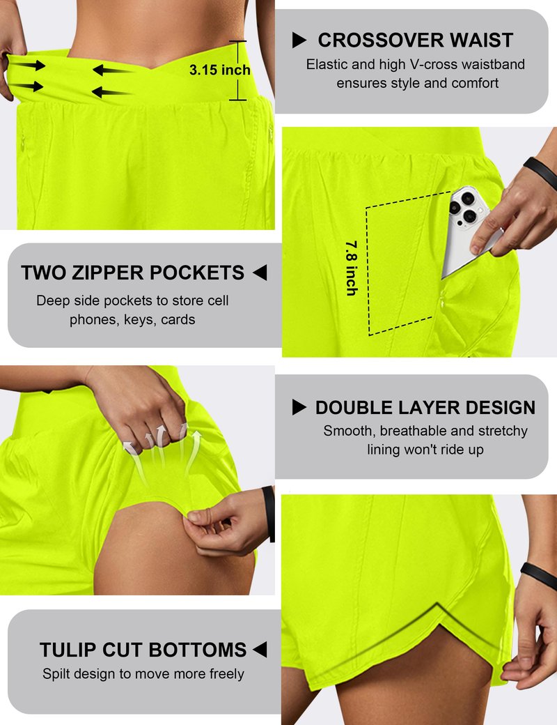 Blooming Jelly Women's Workout Shorts Athletic Running Crossover High Waisted Gym Sport Yoga Shorts with Zipper Pockets (Neon Green,Small)