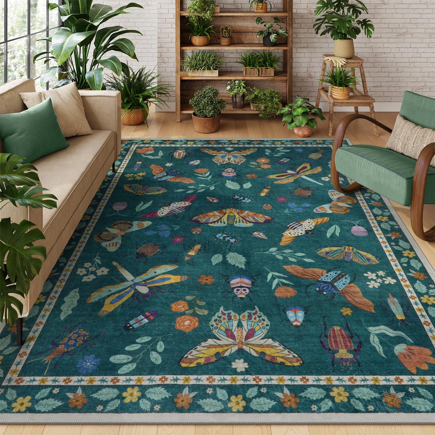 Lahome Insect Print 5x7 Area Rugs for Living Room, Soft Washable Rugs for Bedroom Ultra-Thin Non Slip Modern Rug, Throw Rug Carpet for Office Nursery Dining Room Vionnet(5'x7',Dark Green)