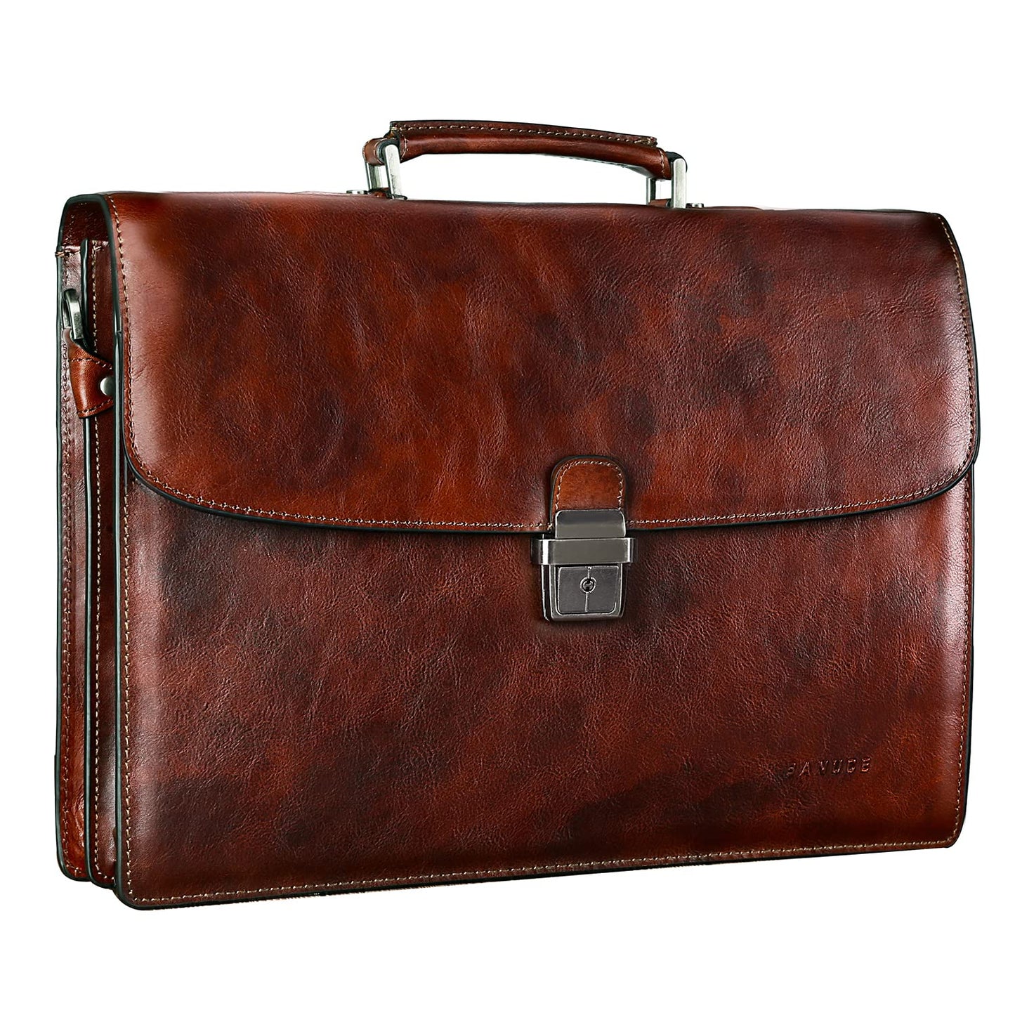 Banuce Italian Full Grain Leather Briefcase for Men Fits 15.6 Inch Laptop Office Work with Anti-theft Lock and Luggage Strap for Business Travel Brown