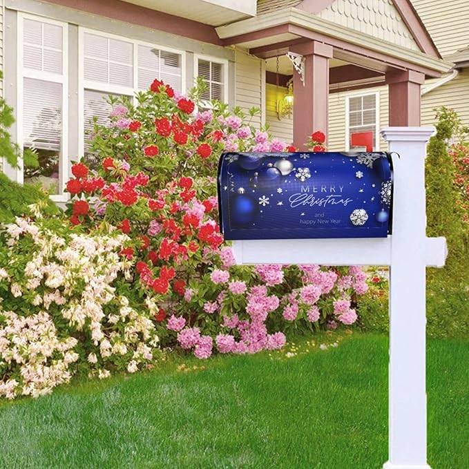 Christmas Mailbox Covers Xmas Blue Ball Fir Branch Snowflake Magnetic Letter Post Box Cover Standard Size 25.5 x 21 Inch Garden Yard Home Decorative