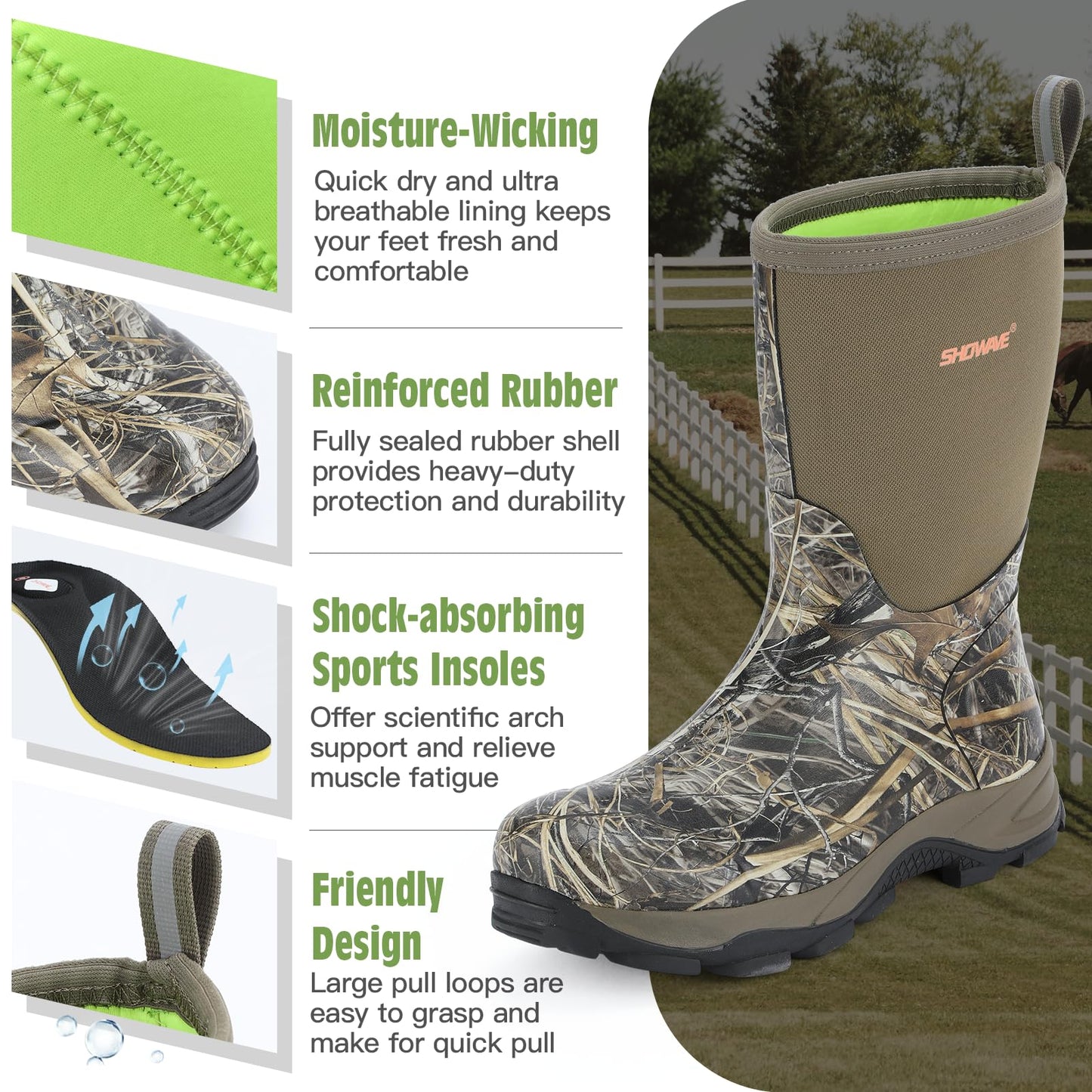 Showave Men's Rain Boots Waterproof Rubber Mud Boots, Camo 8