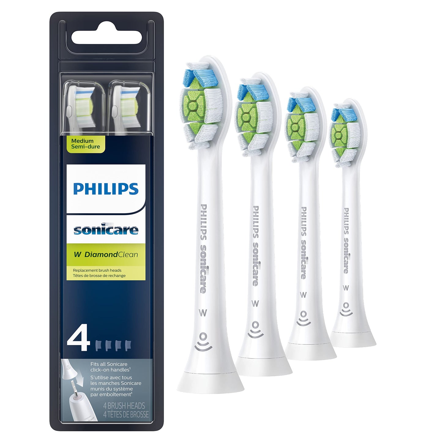 Philips Sonicare W DiamondClean - Genuine Replacement Electric Toothbrush Heads, White, 4 Pack One Year Supply, HX6064/65