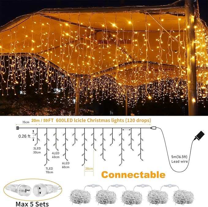 600LED Plug-in Christmas Icicle String Lights, 75Ft With Remote, 8 Modes Warm White Twinkle Fairy Waterproof for Terrace Wall Outdoor Decoration
