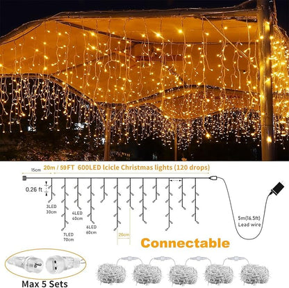 600LED Plug-in Christmas Icicle String Lights, 75Ft With Remote, 8 Modes Warm White Twinkle Fairy Waterproof for Terrace Wall Outdoor Decoration
