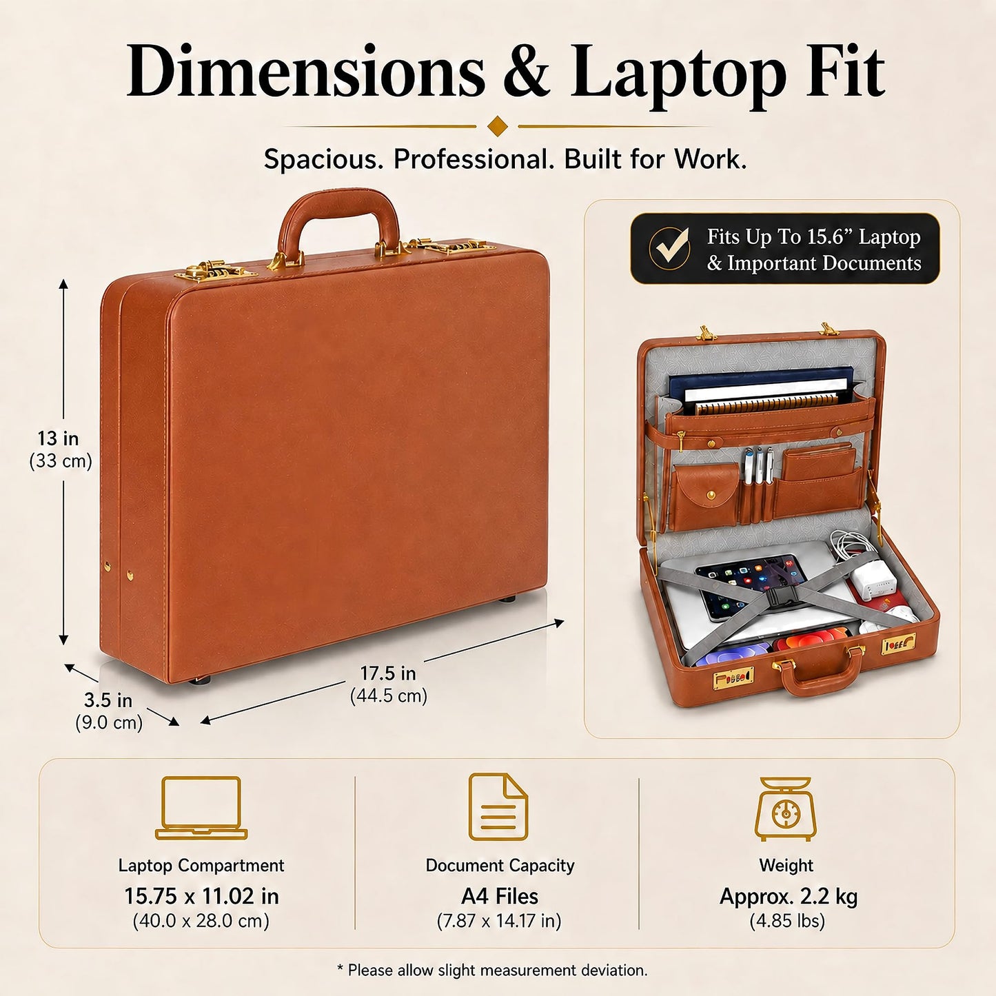 HAESTUS Briefcases for Men, Professional Leather Briefcase with Lock, Hard Shell Business Brief Case, Attache Case for 15.6" Laptop, Men's Hard Briefcase for Work Office Travel, Brown | Dual Lock