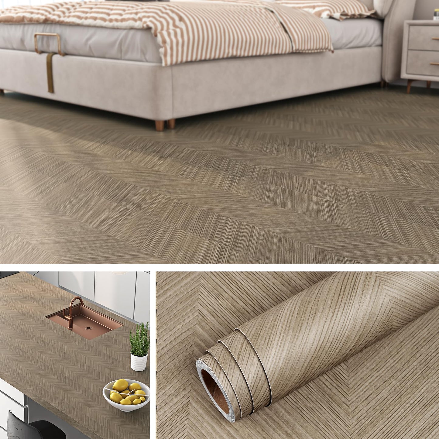 Livelynine 15.8x394 Inch Herringbone Wood Floor Contact Paper Peel and Stick Flooring Waterproof Light Wood Vinyl Roll Self Adhesive Vinyl Wrap Kitchen Stick on Linoleum Flooring Roll Laminate Sheets