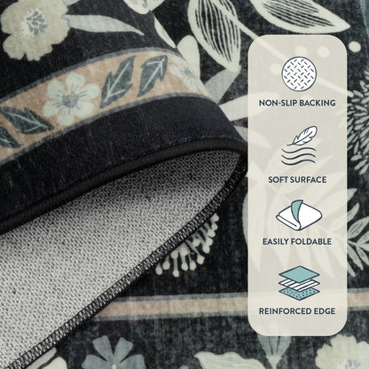 Anidaroel Black Botanical Floral 8x10 Rugs for Living Room, Washable Large Area Rugs for Bedroom Non-Slip Soft Modern Rugs, Ultra-Thin Indoor Throw Carpet Mat for Dining Room Nursery Office