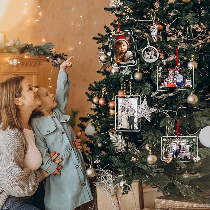 Christmas Photo Ornament Set of 4, 2x3'' Iridescent Acrylic Hanging Picture Frame for Family Photo, Christmas Tree, Holiday Decoration, Multifunctional Magnetic Picture Frames for Car and Fridge Decor