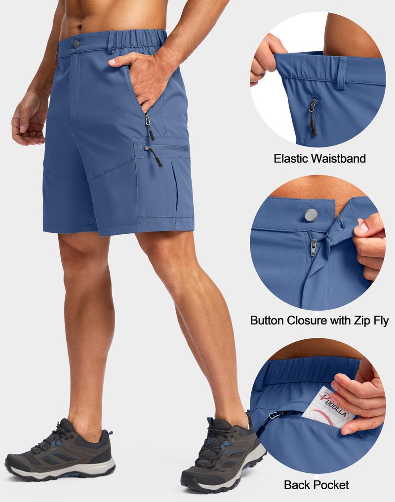 Pudolla Men's Hiking Cargo Shorts Lightweight 7" Travel Casual Shorts for Men Golf Work Outdoor with 5 Zipper Pockets(Dark Navy Small)