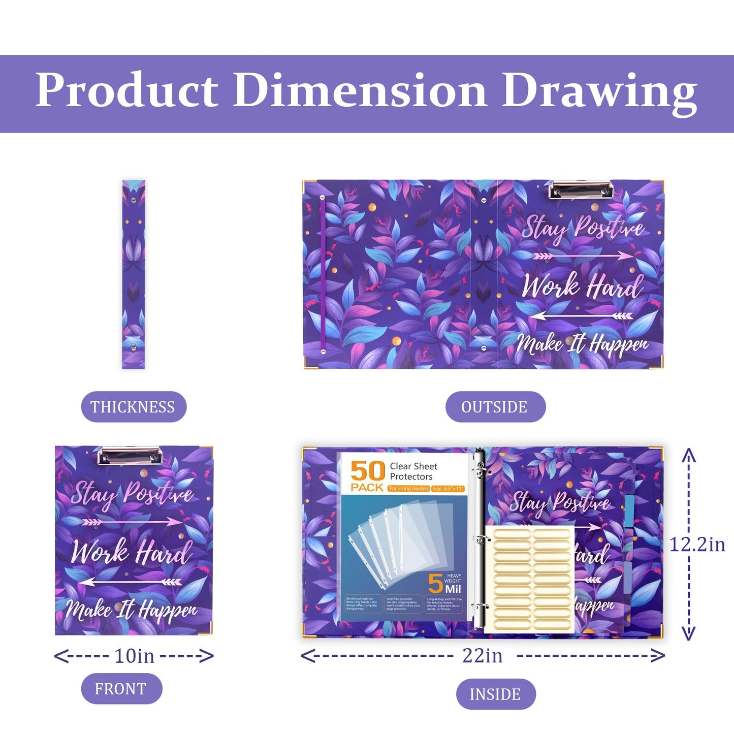 3 Ring Binder with Clipboard with 50 Sheet Protectors 8.5 x 11 inch, 2 Pockets Purple 3 Ring Binder (11" x 8.5") Folders with Tab Dividers for Women School Office Supplies Portfolio (Purple)