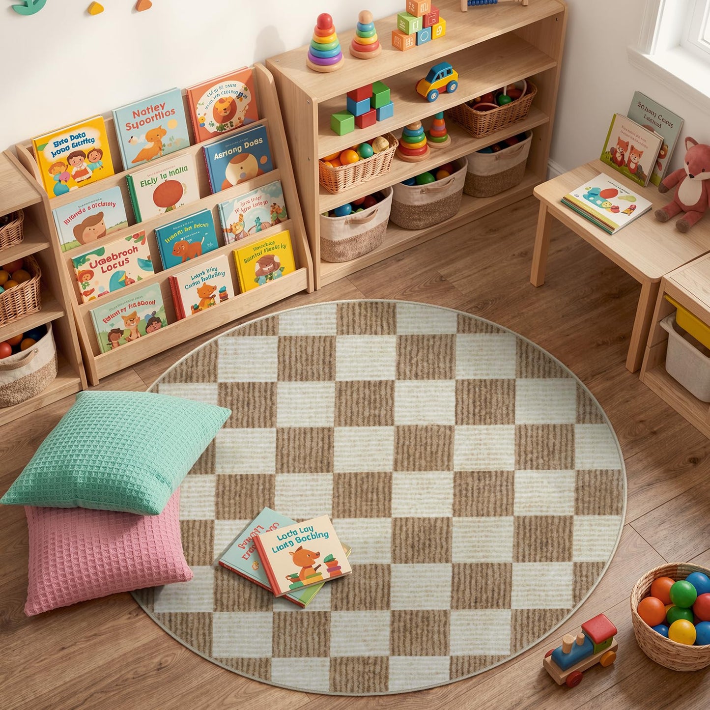 LIVEBOX Checkered Round Rug 6 Ft Washable Area Rug for Playroom Classroom, Kids Non-Slip Neutral Classic Circle Rug Geometric Large Carpet Soft Boys Nursery Rug for Dorm Bedroom(Brown,180R)