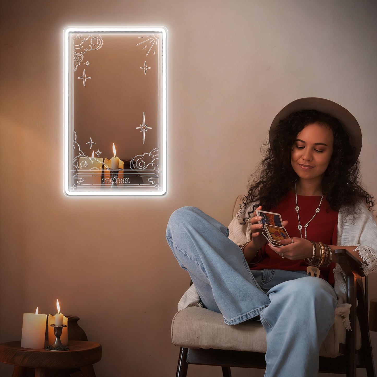 Kavaas Tarot Mirror Neon Sign - Cold White Mystical LED Neon Light for Occult Room Wall Decor, Witchy Art Spiritual Room Decor, Best Gifts for Fortune Teller, Tarot Enthusiast