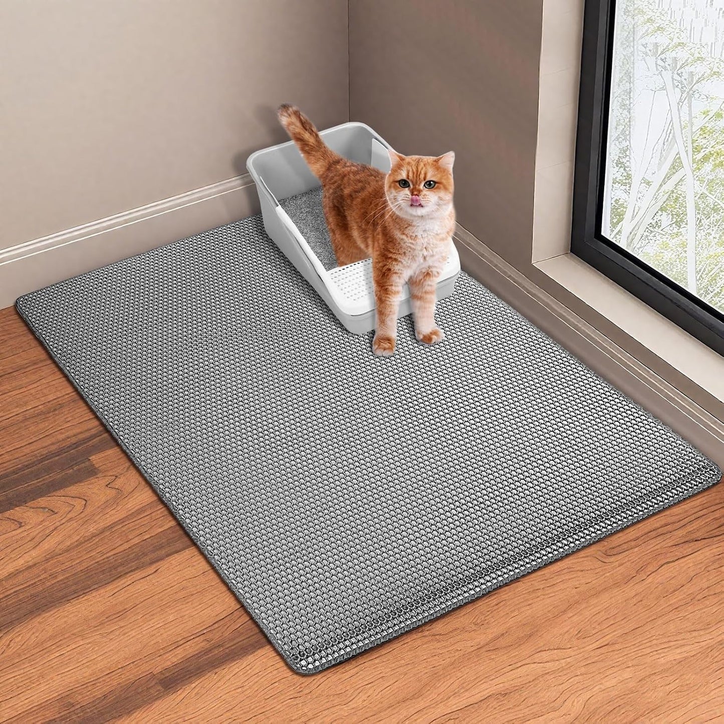GRELY Cat Litter Mat, 25x16 Inches Litter Box Mat, 2 Layer Litter Trapping Mat for Indoor Cats, Litter Catcher Mats Non-Slip Waterproof Urine Proof Collapsible