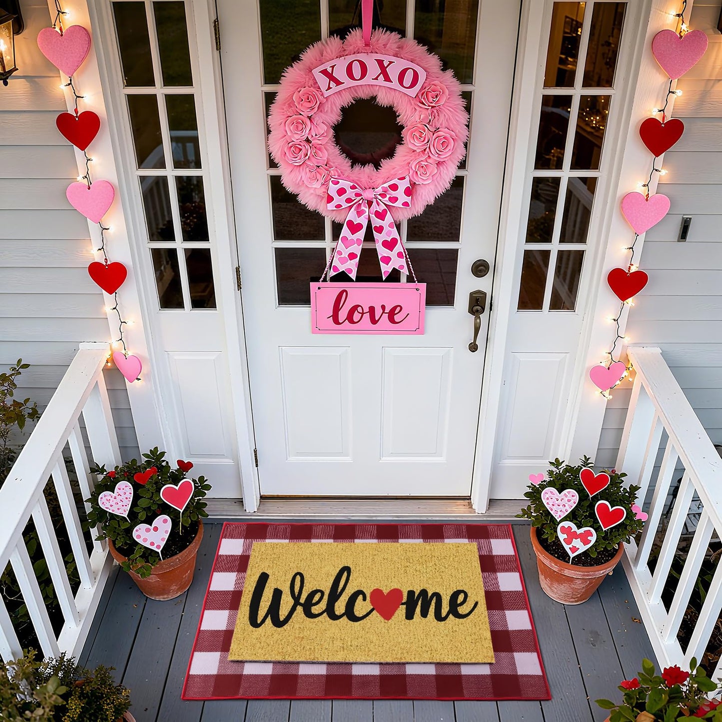 APUDWN 2 Pcs Valentines Day Welcome Doormat, Heart Welcome Door Mat Valentines Day Non Slip Coir Plaid Mat Layering Doormats Seasonal for Home Bathroom Front Porch Entryway Decor 24"x 32"