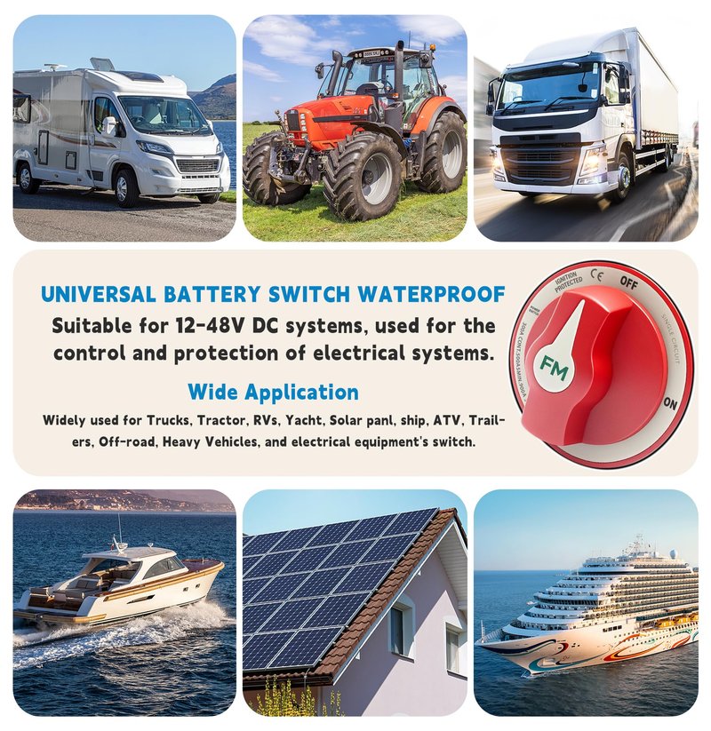 FASTSTORM 300A Waterproof Battery Disconnect Switch 12V-48V, On/Off Kill Switch for Marine, RV, Car, Boat, Truck, ATV, UTV, Ignition Protected with Cable