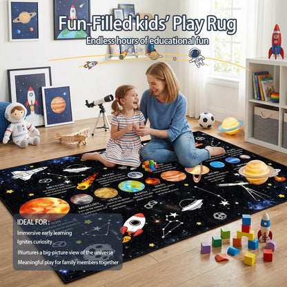 5x7 Ft Space Kids Rug for Boys Room, Playroom, Classroom, Nursery, Daycare, Educational Non-Slip Play Mat Carpet for Children Toddler Leaning Solar System, Washable & Soft Galaxy Star Rug-Faux Wool