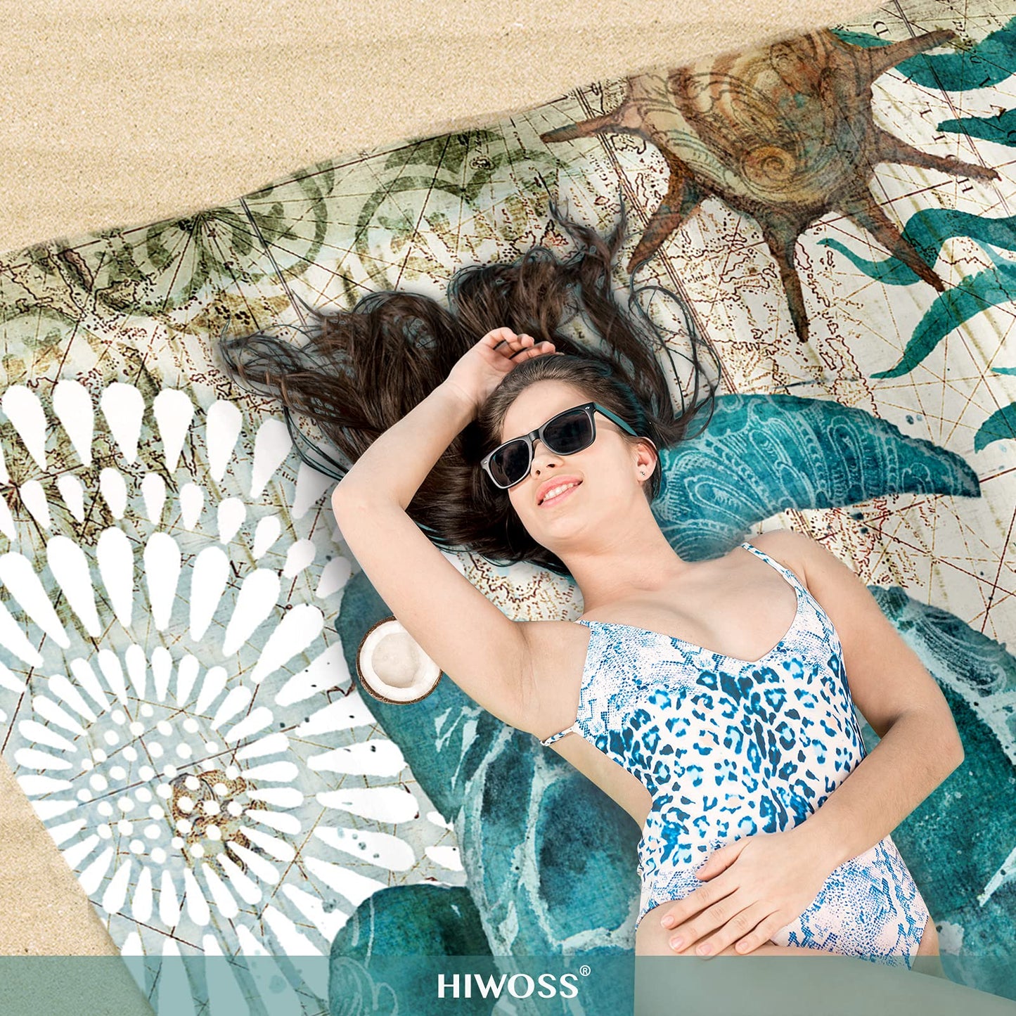 Hiwoss Beach Blanket Waterproof Sandproof Oversized 95”x 80”,Sand Free Beach Mat with Corner Pockets,Portable Mesh Bag for Beach Festival,Picnic,Travel and Outdoor Camping (Seaturtle)