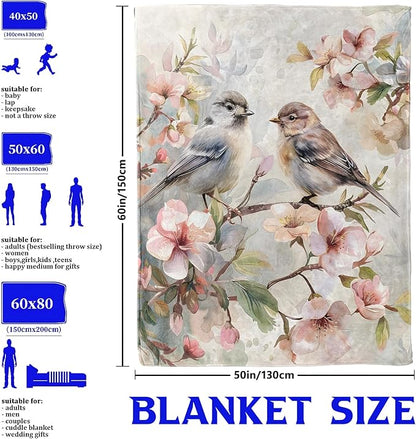 Spring Bluebird Blossom Throw Blanket for Boys Girls Kids Women, Pink Flower Design, Fuzzy Warm Soft Cozy Flannel Blankets Gifts for Bedroom, Couch, Travel, Home Decor 50x60 in