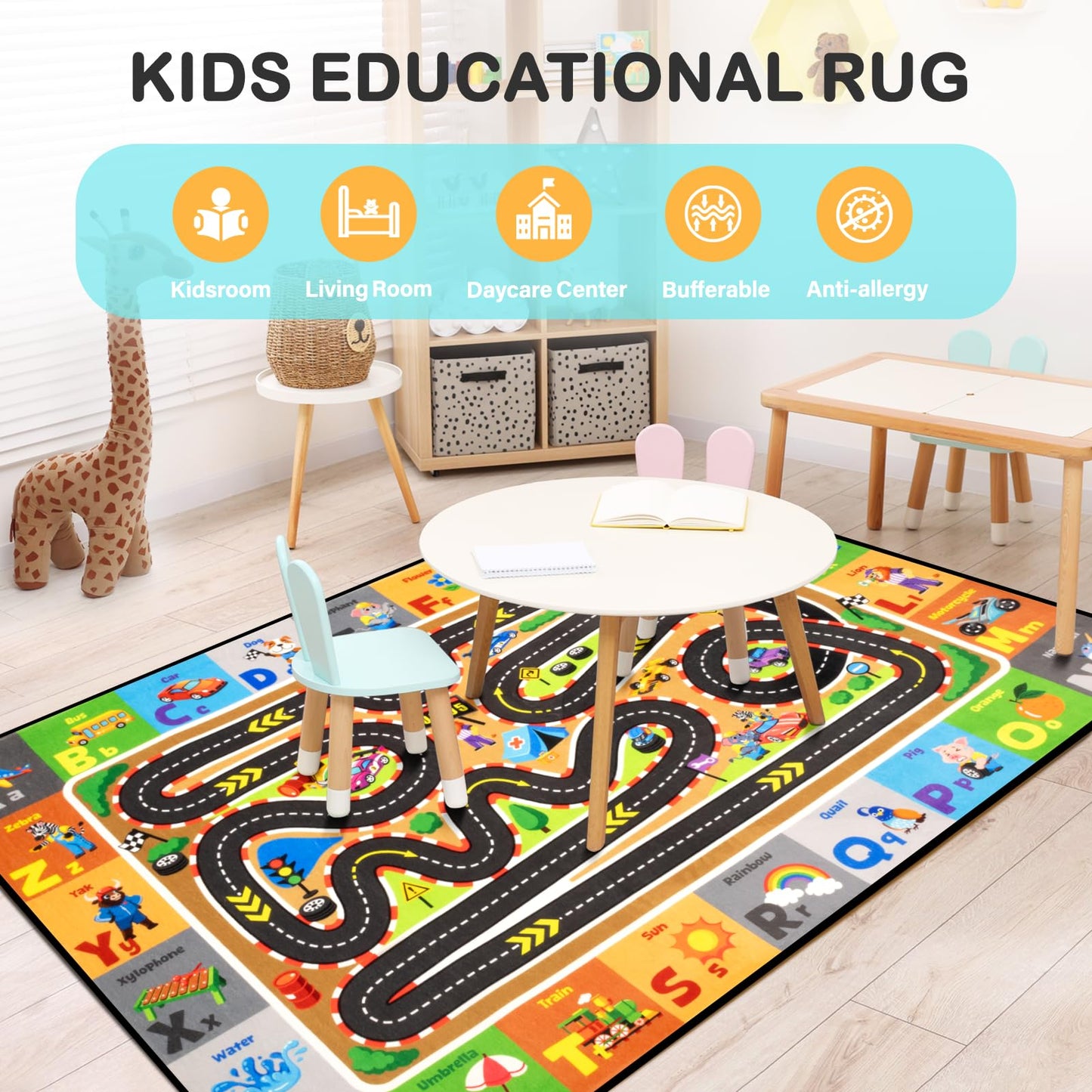 Diysani Race Track Rug, Car Road Rug for Kids, Non-Slip Kids Playroom Carpet, Washable Educational Carpt for Learning Alphabet, Animals, 6x9 feet