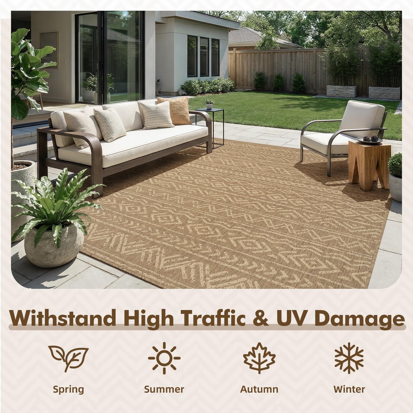 MontVoo-Outdoor Rug-Patio Rug 5x7 Polypropylene Indoor Outdoor Rugs Outdoor Carpet for Patio Deck Balcony Porch, Textured Weave, Durable for High Traffic, Fade-Resistant, Boho Farmhouse Neutral Brown
