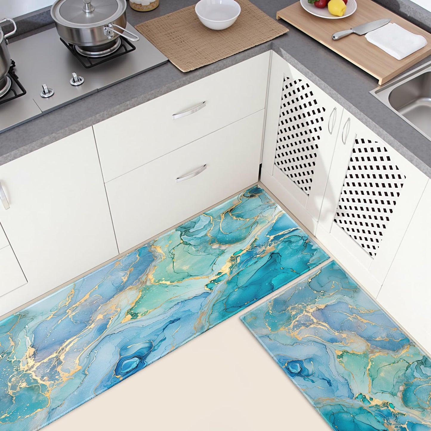 Teal Kitchen Rugs Sets of 2 Non Slip Blue Gold Turquoise Marble Kitchen Mats for Floor with Rubber Backing Washable Kitchen Runner Rug Carpet 17"x47"+17"x30" for Hallway Laundry