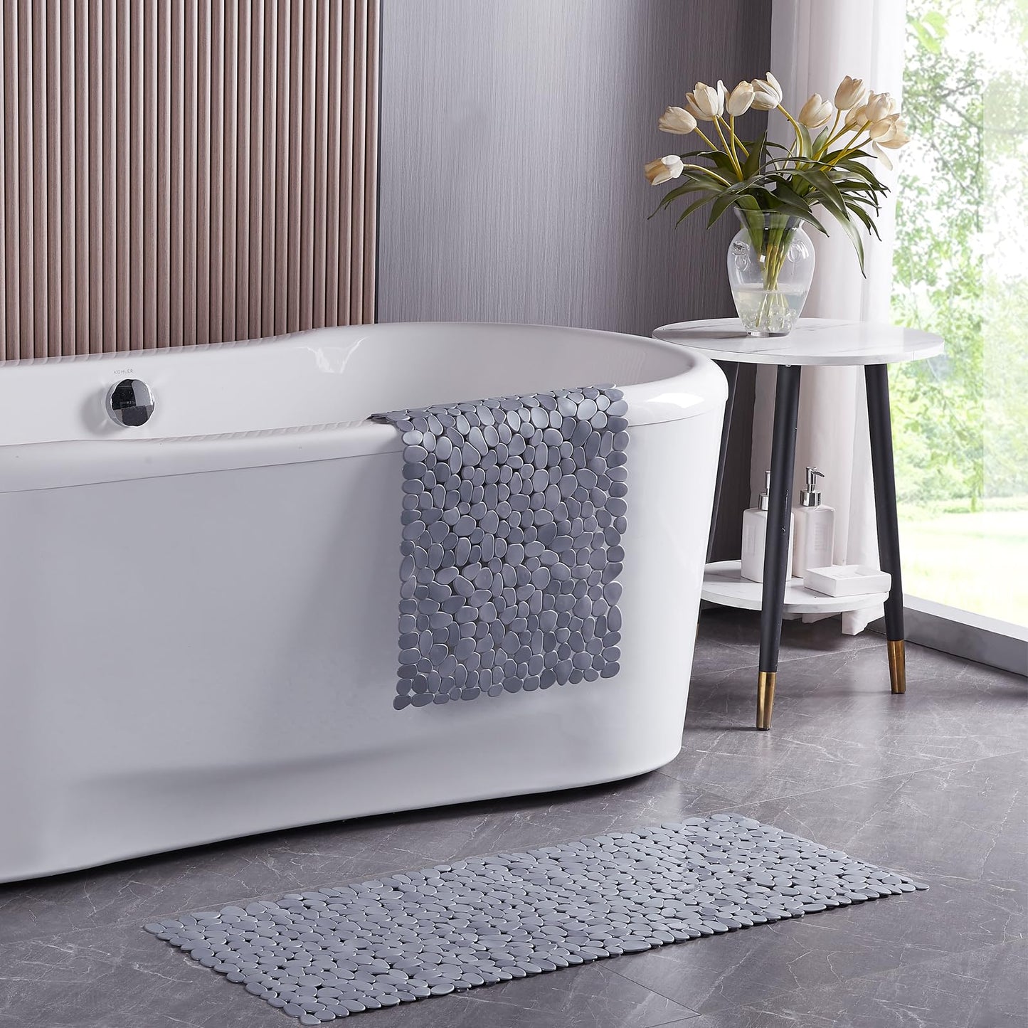 Webos Bath Shower Mat Non Slip: Extra Large Pebble Bathtub mat for Families, Anti Slip Shower Matt with Drain Holes Suction Cups Tub Mat - 16 X 40 Inch Grey