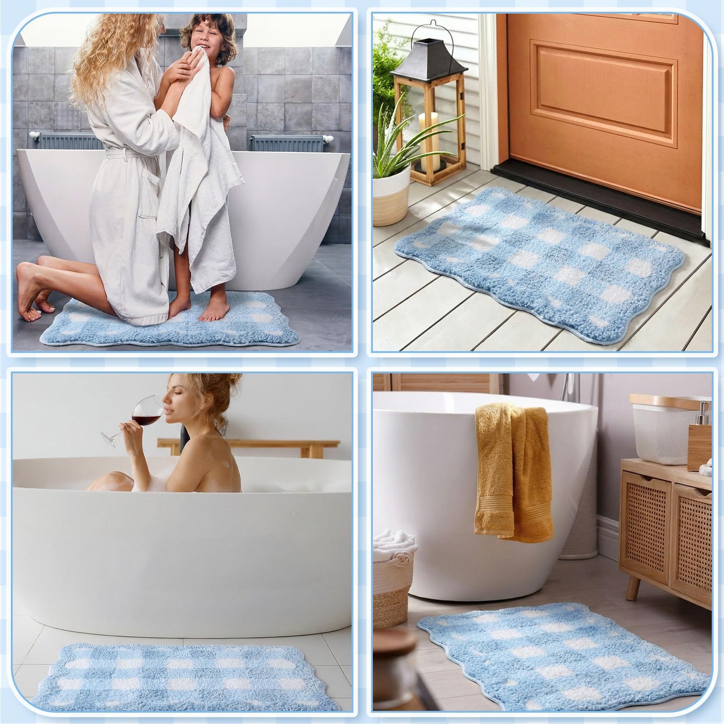 Dunzy Blue Scalloped Gingham Bathroom Mat 16" x 24" Non Slip Coquette Checkered Cute Aesthetic Bath Rug Preppy Room Decor Microfiber Absorbent Carpet for Bathtub Shower Bedroom