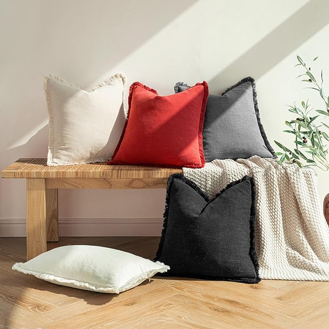 MIULEE Christmas Decorative Throw Pillow Covers Neutral Linen Fringe Throw Pillows Euro Shams Set of 2 Red Boho Farmhouse Cushion Covers with Tassels for Couch Sofa Bed Living Room Decor 24x24 Inch