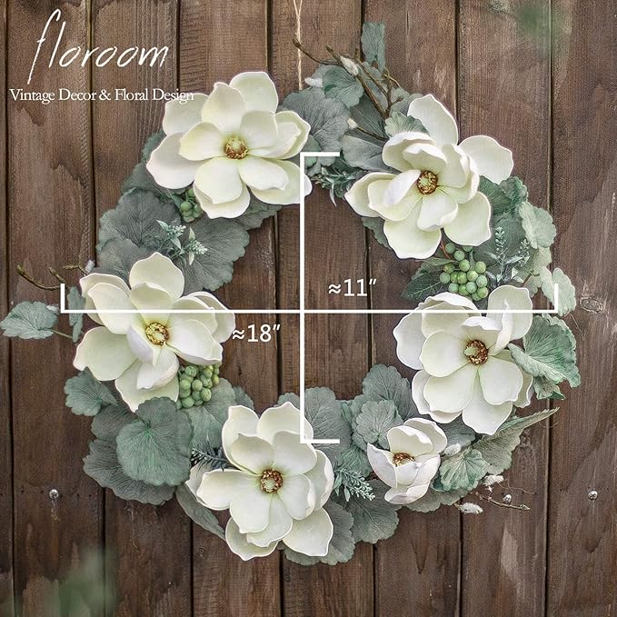 Floroom Floral Wreath, 18" Artificial White Magnolia Wreath for Front Door Wedding Decorations Wall Decor
