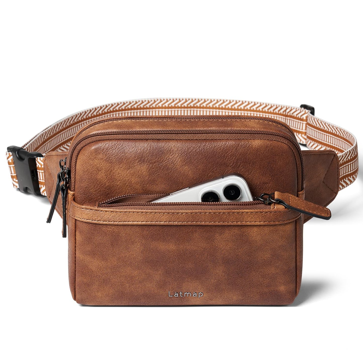 LATMAP 3L Fanny Pack Crossbody Bags for Women Men 4-Zipper Pockets Belt Bag Sling Waist Pack Faux Leather Chest Bag Purse Brown