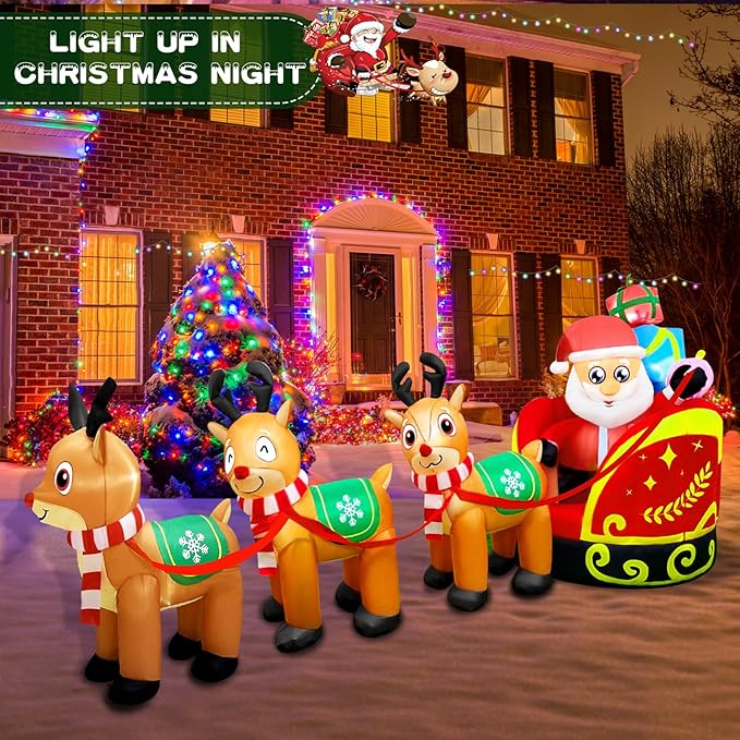 Giant Inflatable Outdoor Decoration Santa Claus on Sleigh with 3 Reindeer, Built-in LED Light, Christmas Decorations for Lawn Party Holiday